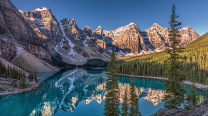 Stunning Alpine Lake with Crystal-Clear Turquoise Water Reflecting Mountain Peaks in Golden Sunrise Light, Banff National Park, Dramatic Landscape Photography