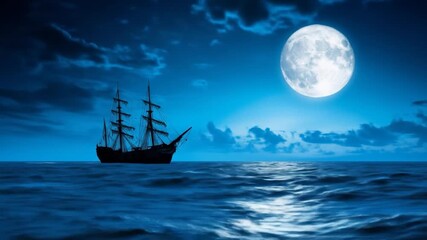 Tall ship sailing tranquil ocean under glowing full moon at night with dark clouds in a dramatic blue seascape - Powered by Adobe