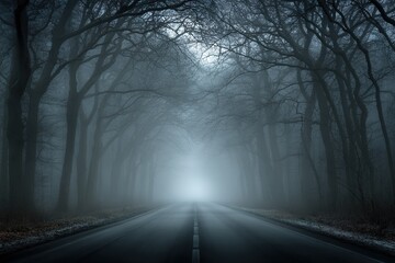 Mysterious fog envelops a deserted road lined with tall, dark trees in a quiet forest during early morning hours