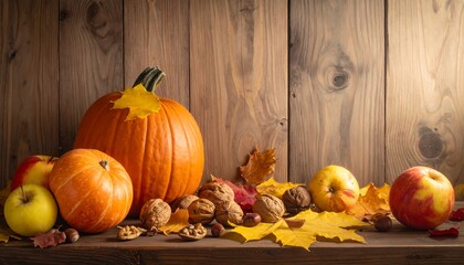 Autumn Harvest Still Life with Pumpkins, Apples, and Walnuts.
