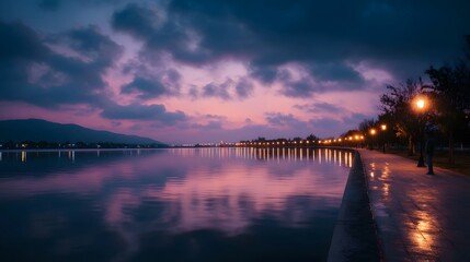 Obraz premium Twilight scene over a calm lake with reflections and illuminated streetlights along the shore