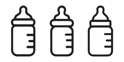 Baby Bottle Line Icons. Black and White Infant Feeding Illustrations for Parenting and Design Use.