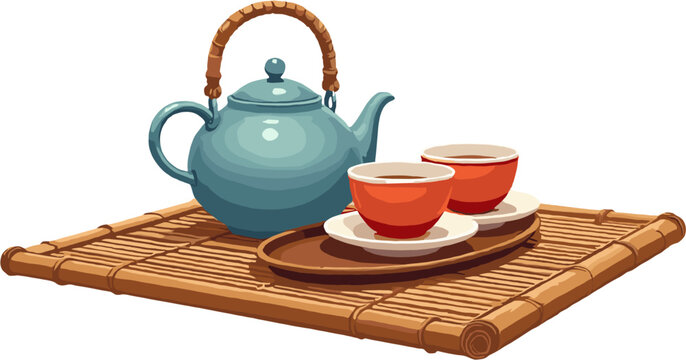 Teapot with tea cups on wooden tray, cozy tea time illustration with warm drink and minimal composition perfect for home and cafe design