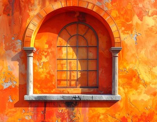 Close-up of an arched window with metal framing set in a vibrant, textured orange wall with classical columns