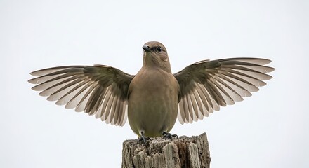 Obraz premium Bird in flight perched on a weathered wooden post.