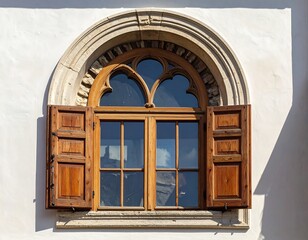 Close-up of an arched window with wooden shutters, set in a white exterior wall, showcasing intricate woodwork