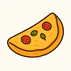A charming cartoon illustration of a golden-brown folded pizza slice, topped with red tomatoes and green basil leaves, presented on a plain background.