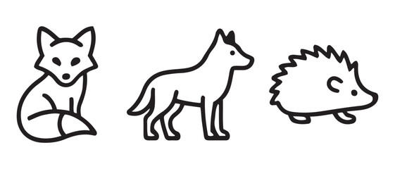 Minimalist Line Art of Fox, Dog, and Hedgehog – Cute Animal Icons for Educational and Design Use.