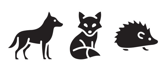 Wild Animal Silhouettes. Dog, Fox, and Hedgehog Vector Icons.