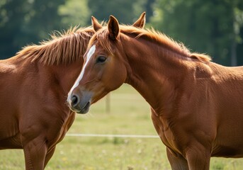 Obraz premium A beautiful young horse showing the classic soft coloring known as foal brown, standing peacefully in a sunny field ,young ,mammal ,equine