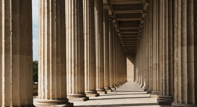 A row of tall, fluted stone pillars supporting a massive classical structure, emphasizing ancient history and strength, stone column, geometric, vertical