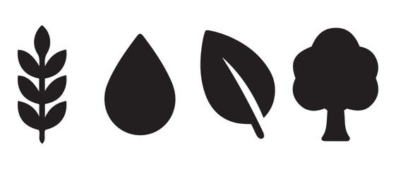 Nature Icons Set. Wheat, Water Drop, Leaf, and Tree Silhouettes.