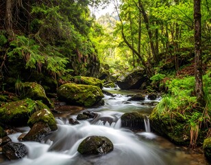 Obraz premium Long exposure of a flowing stream in a lush green forest setting with moss-covered rocks and vibrant foliage