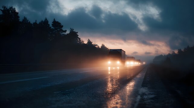 Trucks travel on a wet highway at dusk headlights reflecting through mist