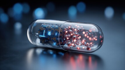 glowing microchip particles inside clear capsule