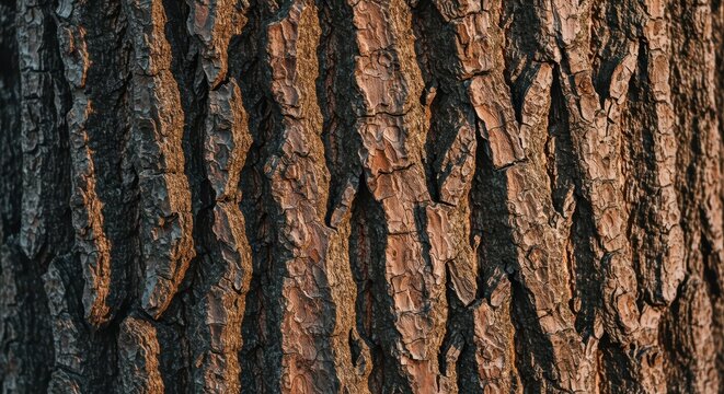 Close up texture of brown tree bole bark showing deep grooves and rugged organic surface suitable for nature backgrounds, durable, organic, surface