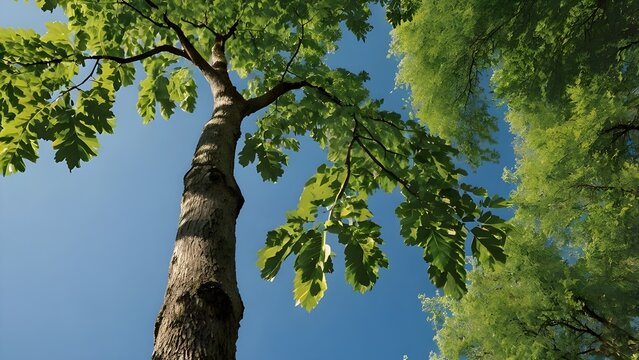 Majestic American ash tree with broad green leaves and textured bark, standing tall under clear blue sky in gentle sunlight - Powered by Adobe