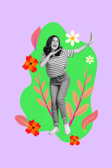 Collage with funny people among colorful flowers symbolizing family parentship friendship love dating romance relationships