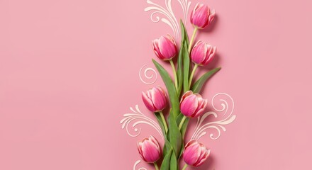 Elegant vertical spring backdrop with soft pastel pink colors, detailed decorative flourishes, and stylized blooming tulip flowers ,backdrop ,abstract ,Vertical