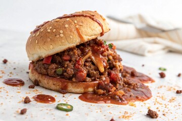 A delicious sloppy joe sandwich with sauce and vibrant toppings displayed