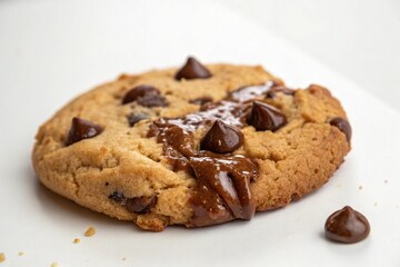A freshly baked chocolate chip cookie with melted chocolate close up