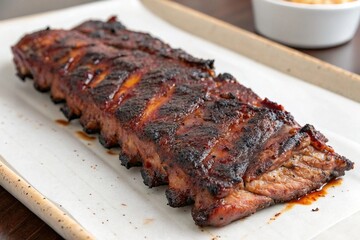 Delicious glazed barbecue ribs presented on a white rectangular serving plate