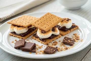 Delicious  mores displayed on a white plate with melted chocolate