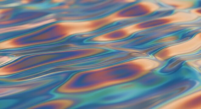 Abstract iridescent liquid surface with colorful reflections and textures.