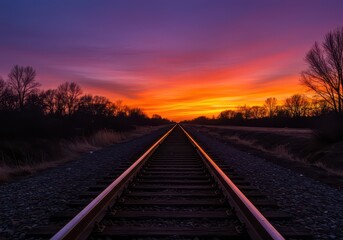 Obraz premium Steel rails stretching toward the horizon under a vibrant sky painted orange and purple during a quiet, beautiful sunset ,yellow ,dramatic ,warm