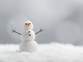 Minimalist snowman on snow with a grey bokeh background. A cute figure for Christmas or winter.