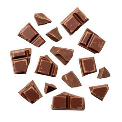 Fototapeta premium Broken pieces of milk chocolate scattered on a transparent background
