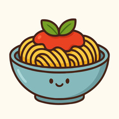 A cute cartoon bowl of spaghetti with tomato sauce and basil leaves.