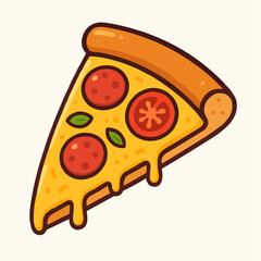 A cartoon illustration of a delicious slice of pepperoni pizza with melted cheese and basil leaves.
