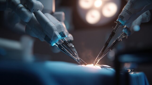 Robotic surgical system performing minimally invasive surgery with precise instruments and sterile operating room light creating focused intensity and calm atmosphere