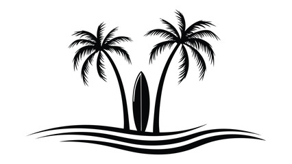 Palm tree and surfboard on the beach, summer vacation scene