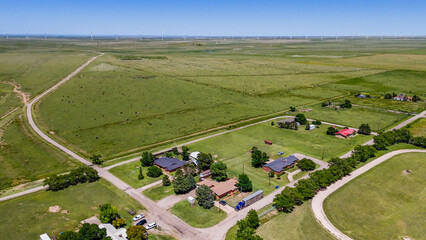 Aerial landscape of Adrian Texas on historic Route 66 americana town in rural Southwest