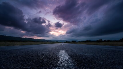 A solitary asphalt road stretches towards a dramatic cloud filled twilight sky