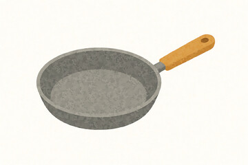 An empty gray metal frying pan with a light brown wooden handle isolated on a plain white background.
