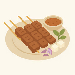 A plate of delicious grilled meat skewers served with peanut sauce and fresh garnishes.