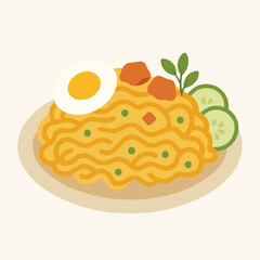 A delicious plate of Indonesian fried noodles, known as Mie Goreng, served with a boiled egg, cucumber slices, and a sprig of greenery.