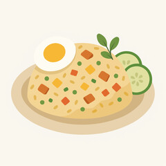 Illustration of a plate of Indonesian fried rice (nasi goreng) with a sunny-side-up egg, cucumber slices, and green garnish.