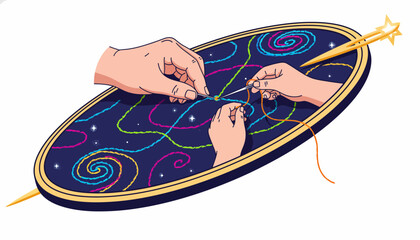 Hands Stitching Cosmic Threads in an Embroidery Hoop Representing Destiny, Creation, and Interconnected Systems
