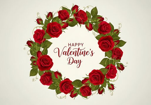 Happy valentines day wreath with red roses and green leaves on a light background
