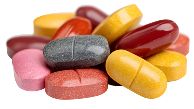 A pile of colorful vitamin pills and supplements isolated on transparent background