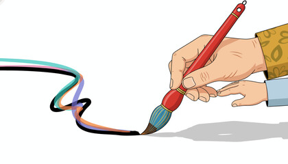 Vector illustration of a hand holding a paintbrush, creating dynamic, colorful strokes, symbolizing creativity, design, and artistic expression on a white background.