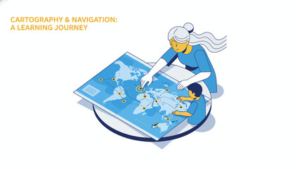 Isometric Illustration of Cartography and Navigation: Grandmother and Child Studying a Global Route Map