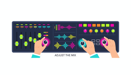 Hands Adjusting the Mix on a Vibrant Digital Audio Mixer Console with Neon Equalizer and Sound Waveforms
