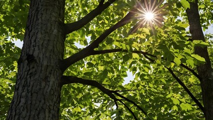 Majestic American ash tree with broad green leaves and textured bark down the sun from mountain