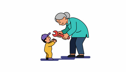 Generational Transfer of Skills: Grandmother Hands Wrench to Eager Young Boy for DIY Mentorship