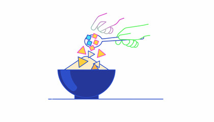 Vibrant Line Art Illustration of Hands Preparing a Snack Bowl, Adding Geometric Toppings to Nachos